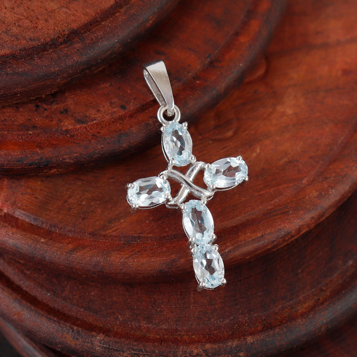 Holy Cross Blue Topaz Pendant Necklace: Sterling Silver Cross Christmas Gift Her