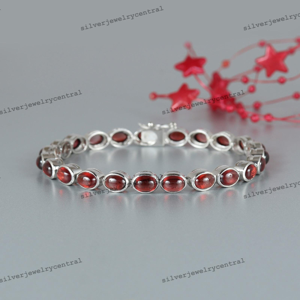 Natural Garnet Cabochon Bracelet, 925 Sterling Silver Tennis Bracelet