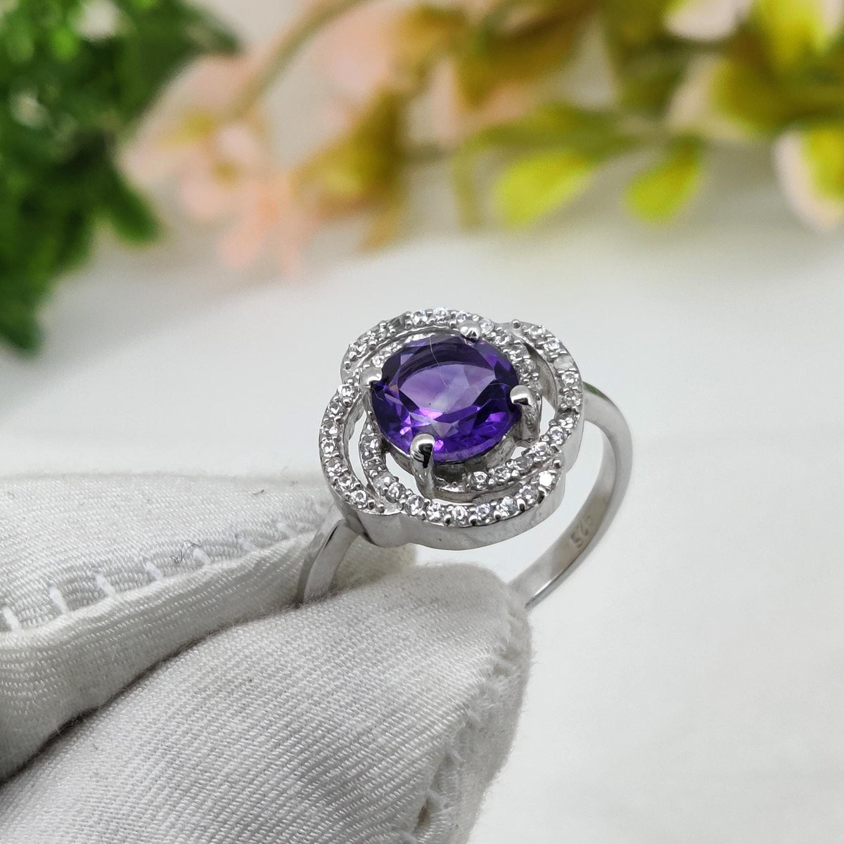 Amethyst Sterling Silver Ring: Handmade Purple Gemstone Round Ring