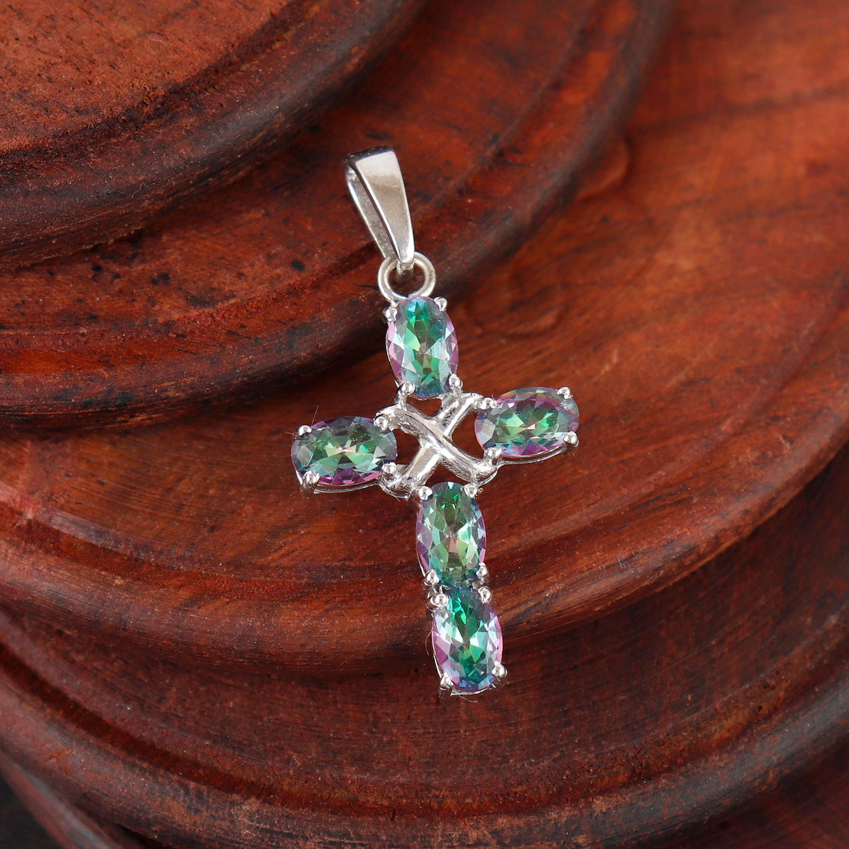 Mystic Topaz Cross Gemstone Pendant: Handmade Sterling Silver Holy Cross Christmas