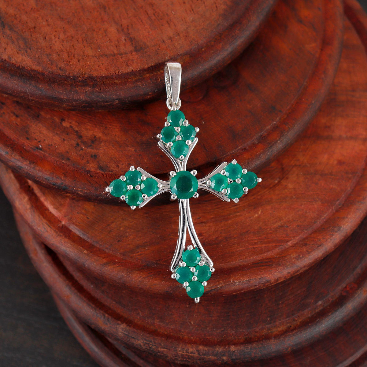 Green Onyx Cross Pendant Necklace Sterling Silver Holy Jewelry