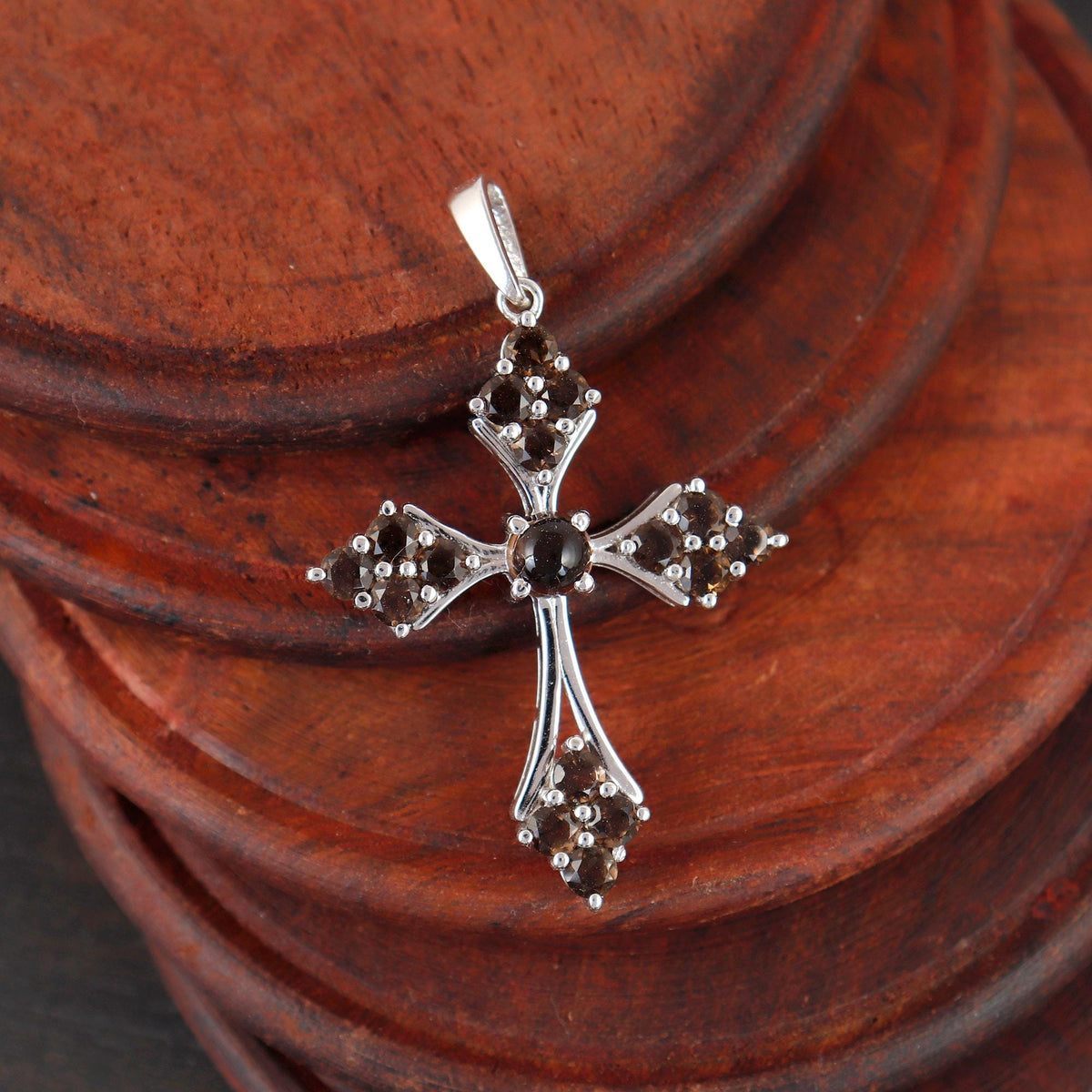 Smoky Quartz Cross Pendant Necklace Sterling Silver Holy Jewelry New Year