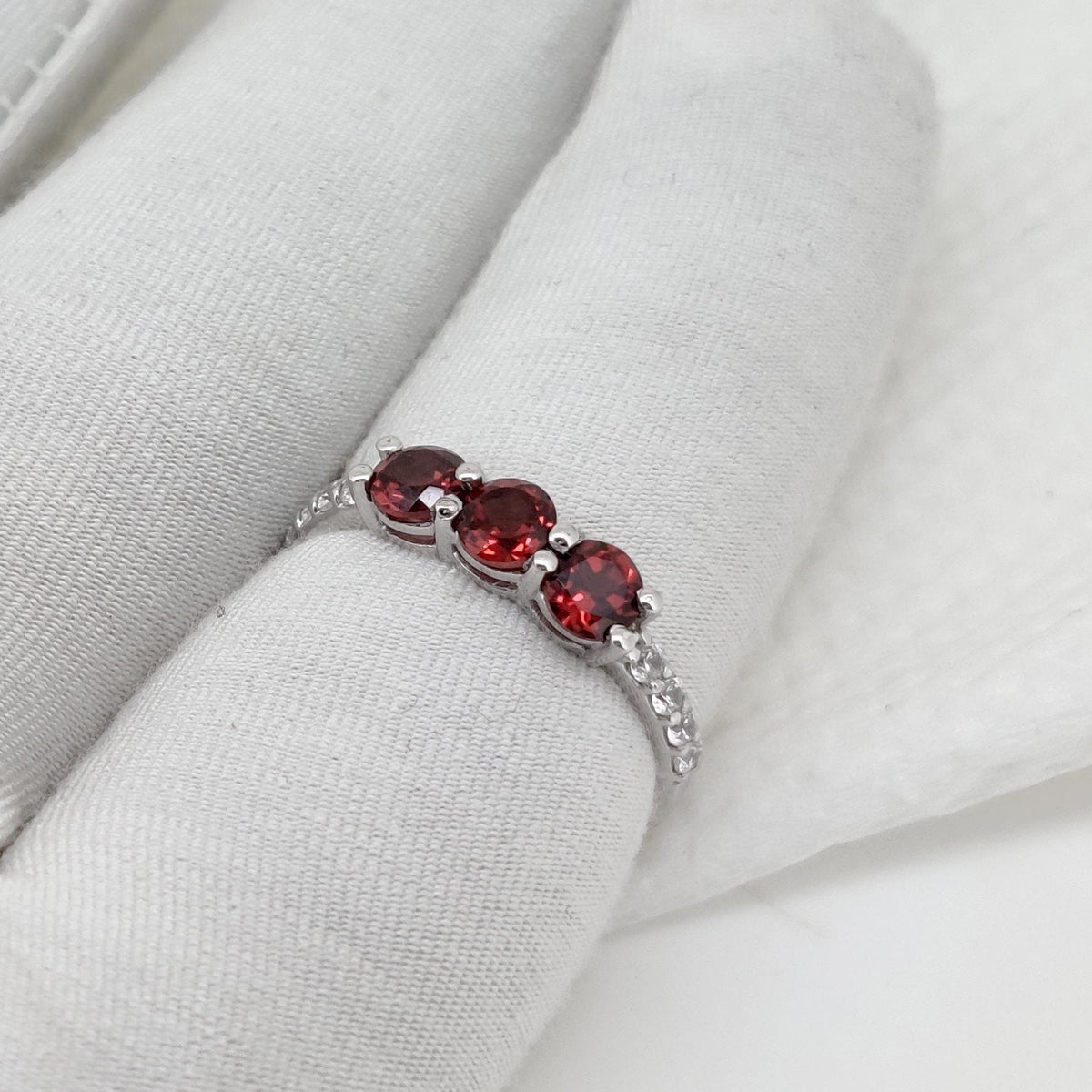Natural Garnet Ring: Silver Handmade Stacking ring, Round Gemstone