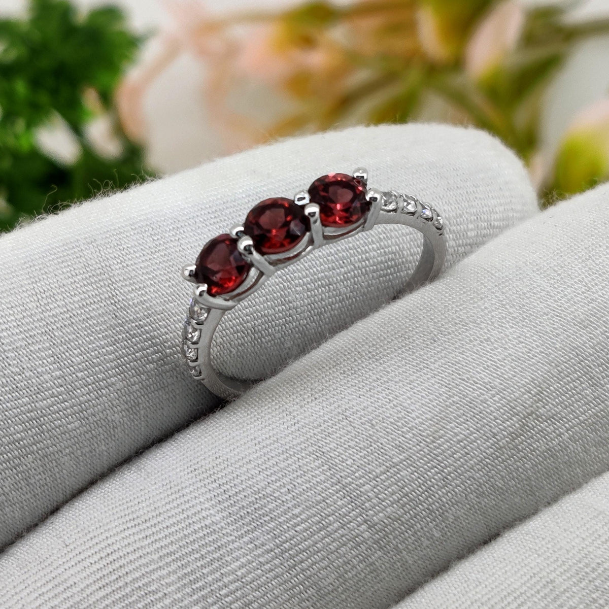 Natural Garnet Ring: Silver Handmade Stacking ring, Round Gemstone