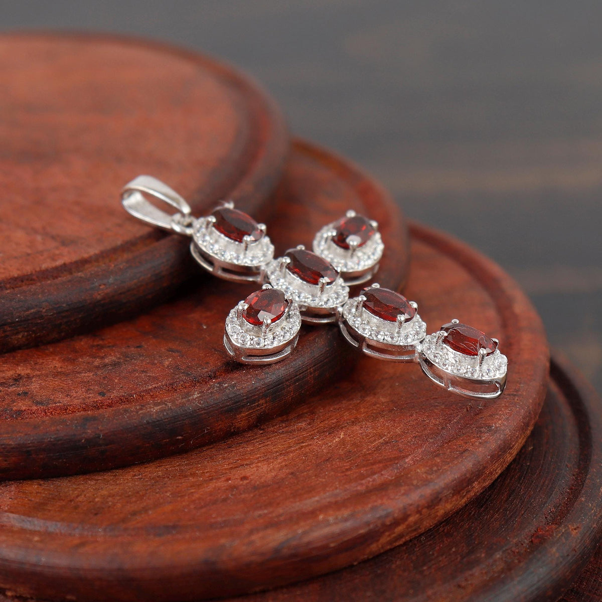 Garnet Cross Pendant Necklace Handmade Sterling Silver Holy Jewelry