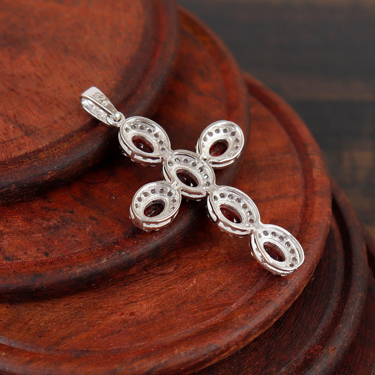 Garnet Cross Pendant Necklace Handmade Sterling Silver Holy Jewelry