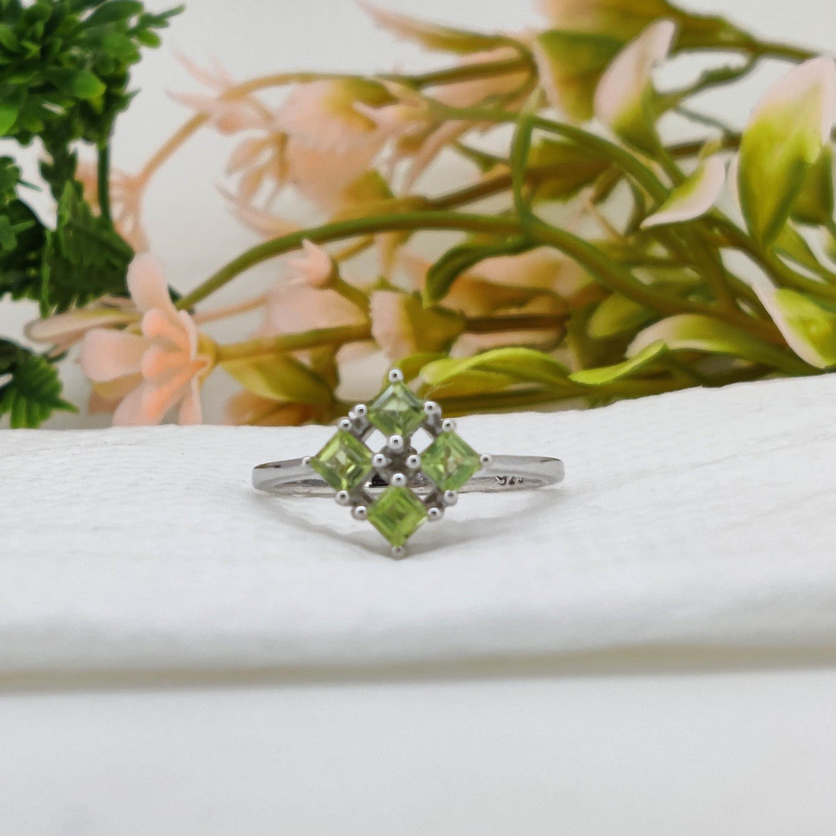 Green Peridot Square Sterling Silver Cocktail Ring, Anniversary Gift