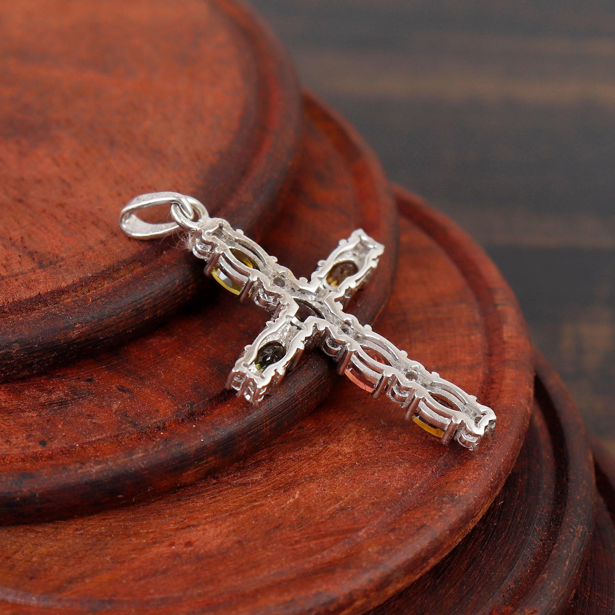 Multi Tourmaline Cross Silver Pendant Oval Handmade Jewelry Birthstone