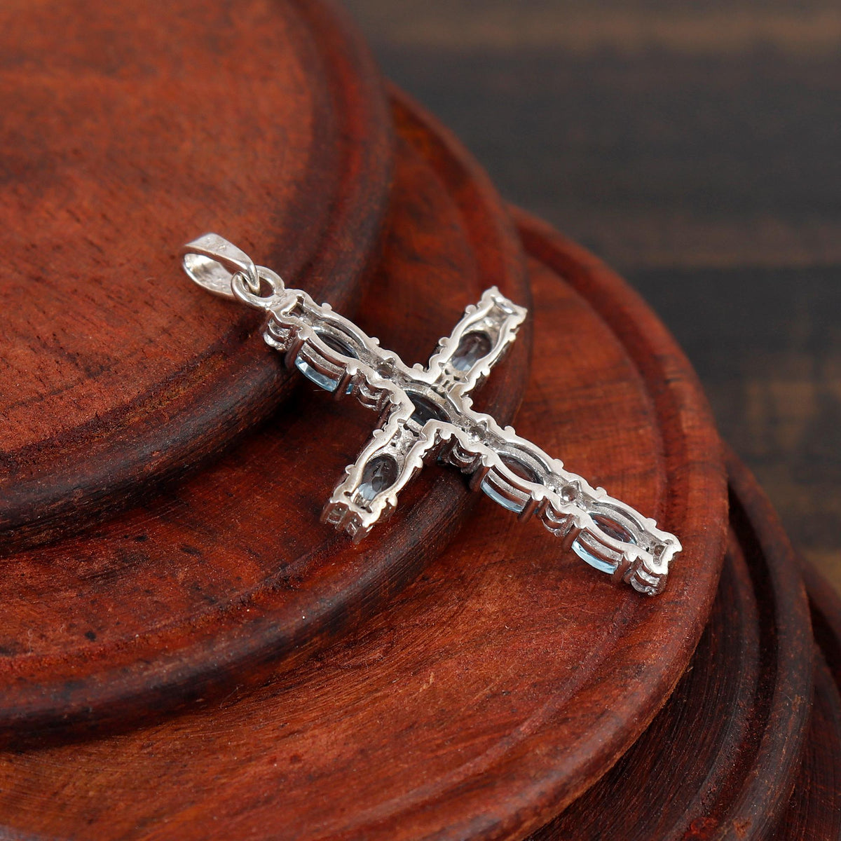 Blue Topaz Cross Silver Pendant Oval Sterling Silver December Birthstone Gift for her