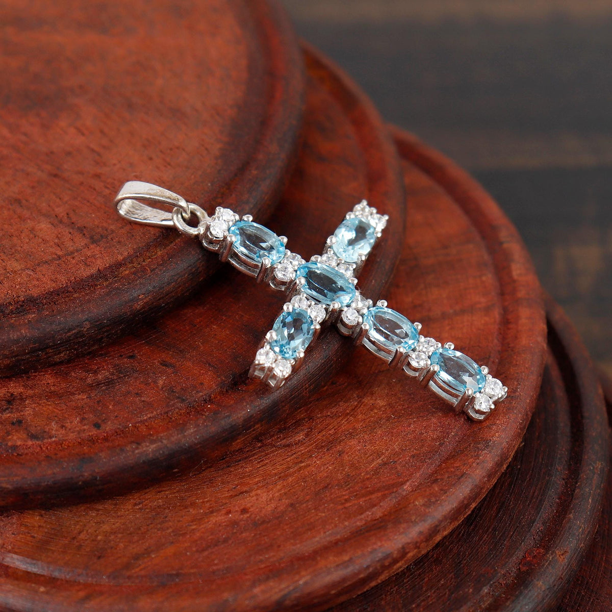 Blue Topaz Cross Silver Pendant Oval Sterling Silver December Birthstone Gift for her