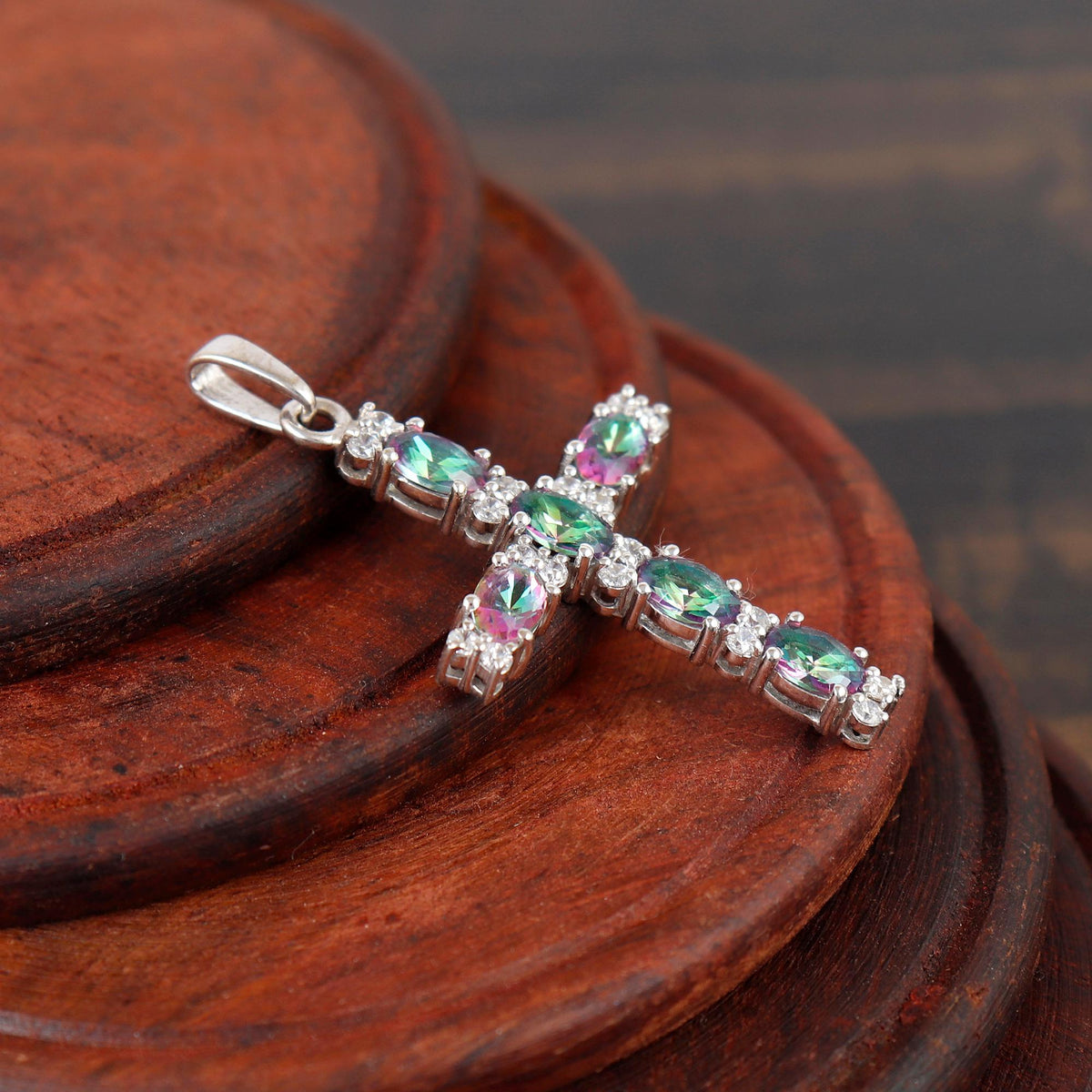 Mystic Topaz Cross Silver Necklace Oval Handmade Religious Gift for Her