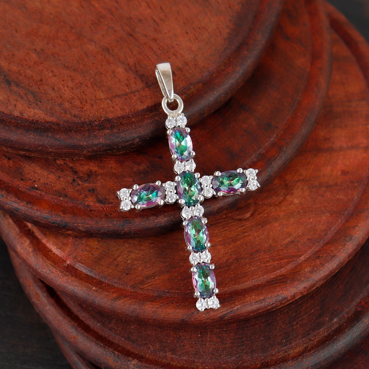 Mystic Topaz Cross Silver Necklace Oval Handmade Religious Gift for Her