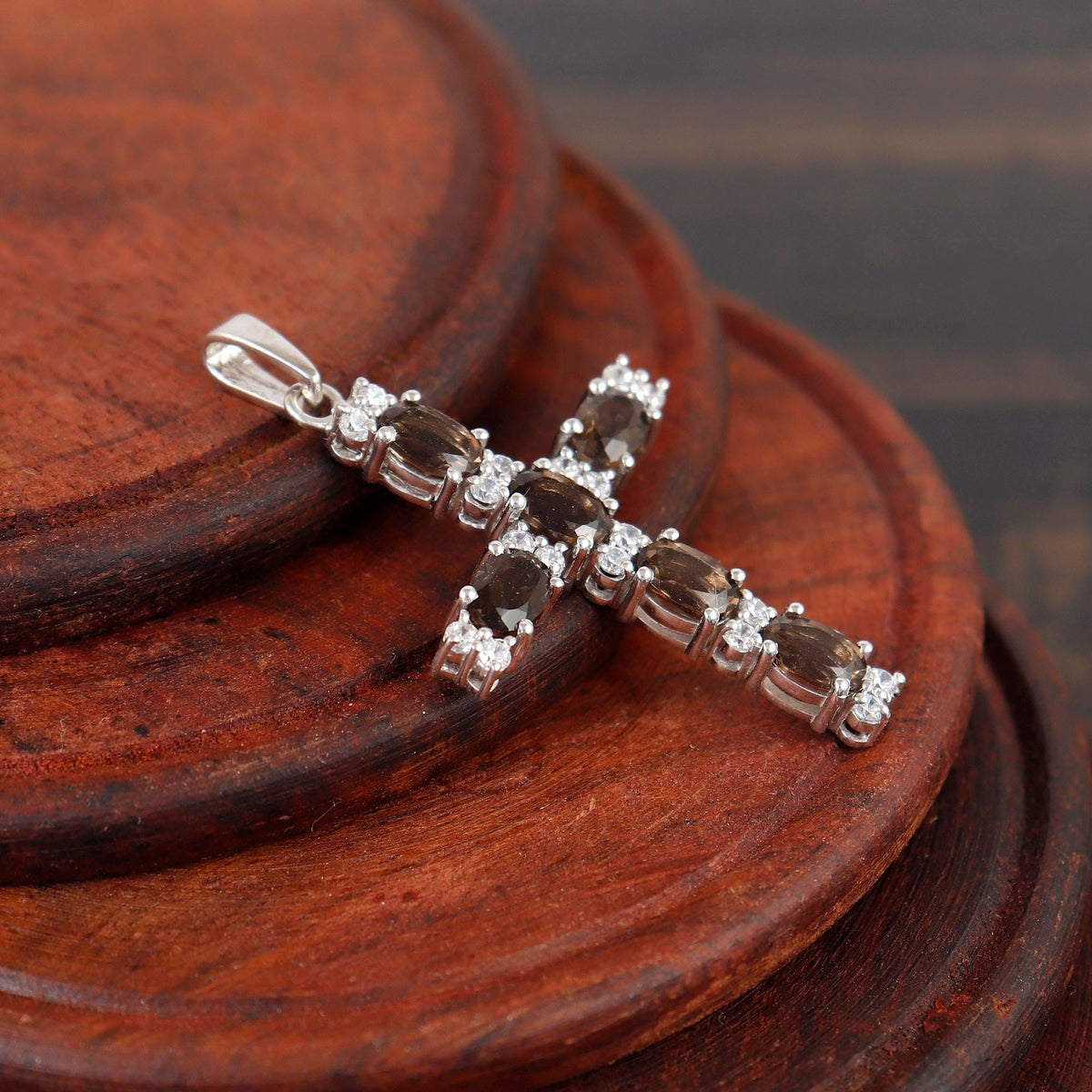 Natural Smoky Quartz Silver Cross Pendant, Sterling Silver Faith Jewelry