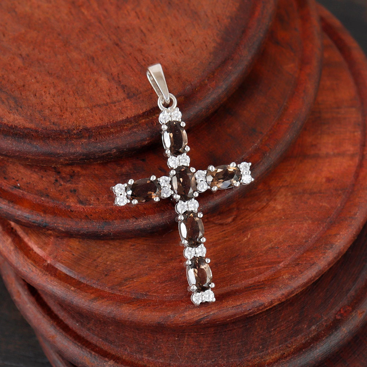 Natural Smoky Quartz Silver Cross Pendant, Sterling Silver Faith Jewelry