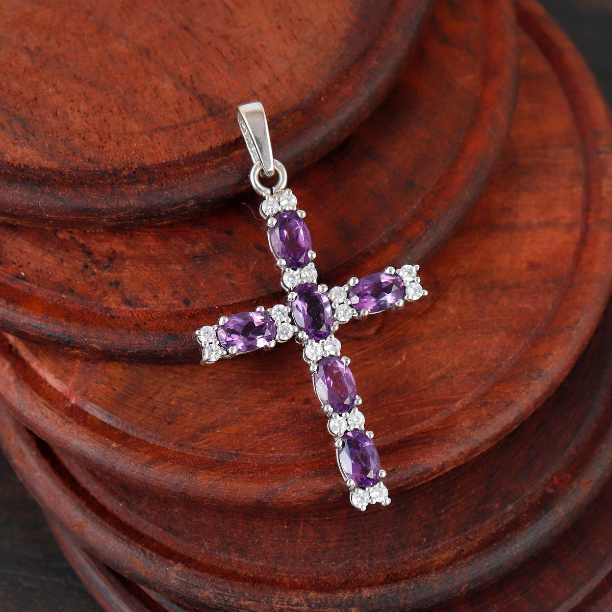 Purple Amethyst Cross Handmade Pendant Sterling Silver February Birthstone