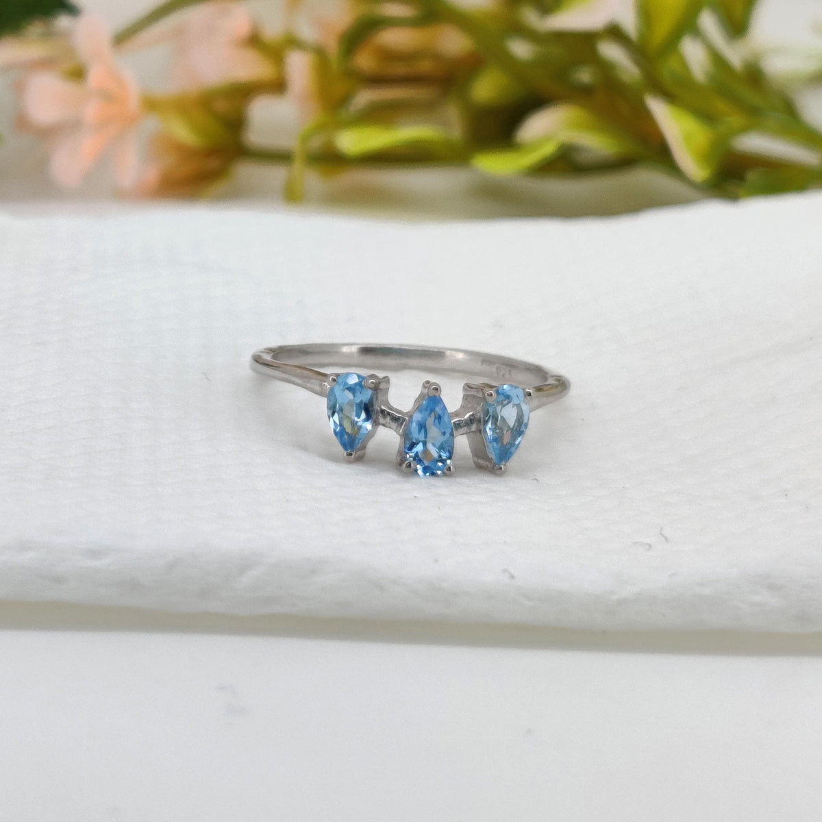 925 Silver Blue Topaz Ring: Pear Cut December Gift for her