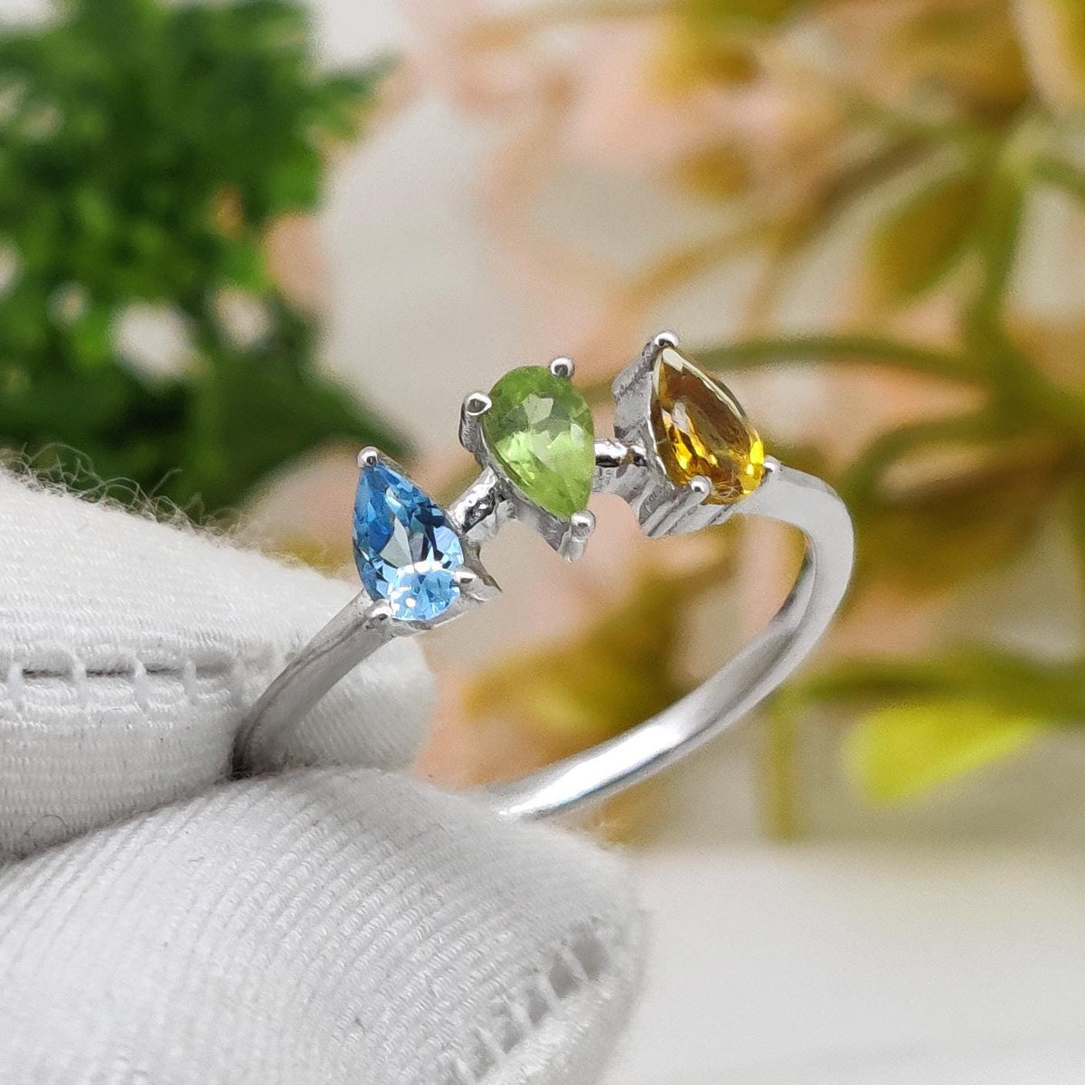 Multi Stone Silver Ring: Blue Topaz - Citrine - Peridot Handmade Gemstone Ring