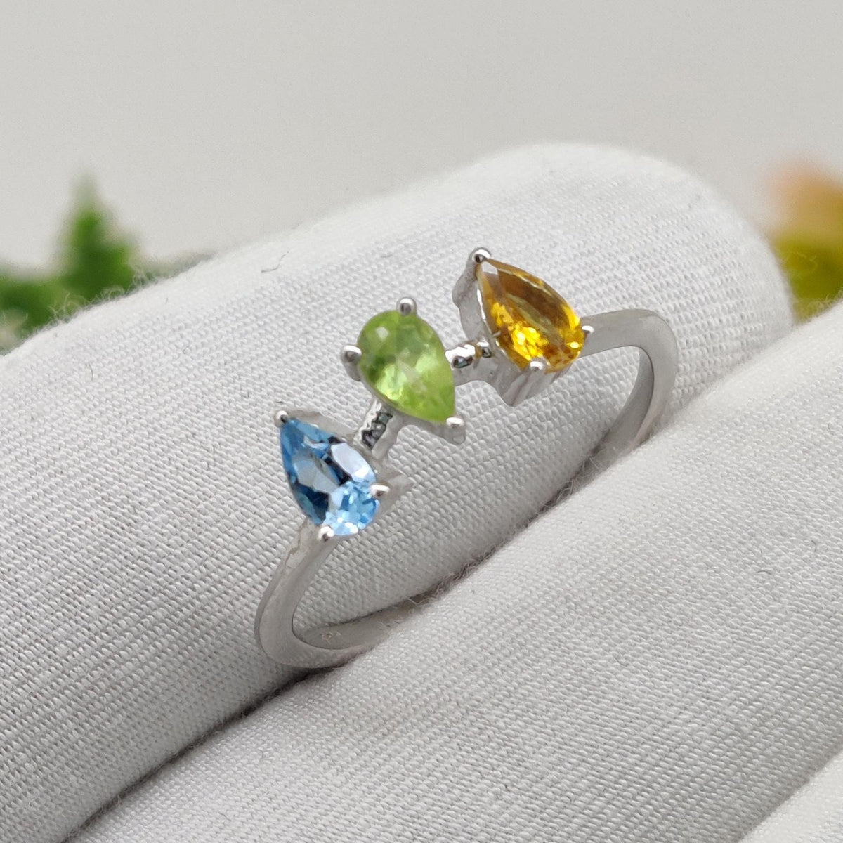Multi Stone Silver Ring: Blue Topaz - Citrine - Peridot Handmade Gemstone Ring