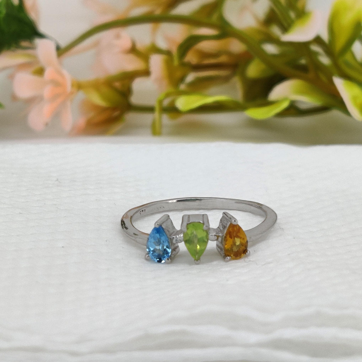 Multi Stone Silver Ring: Blue Topaz - Citrine - Peridot Handmade Gemstone Ring