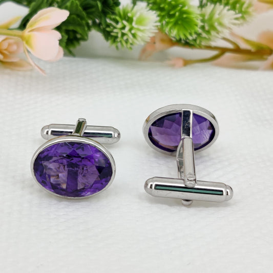 Natural Amethyst Silver Cuff Links for Men Unique Handmade 12x16 mm Purple Oval Stone