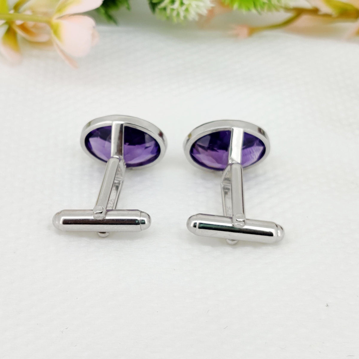 Natural Amethyst Silver Cuff Links for Men Unique Handmade 12x16 mm Purple Oval Stone