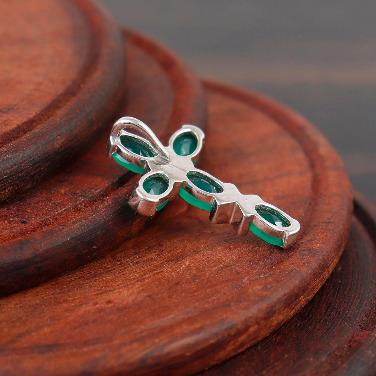 Green Onyx Silver Cross Necklace: Holy Cross Oval Handmade Pendant