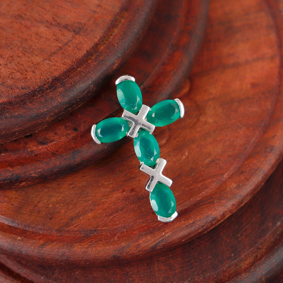 Green Onyx Silver Cross Necklace: Holy Cross Oval Handmade Pendant