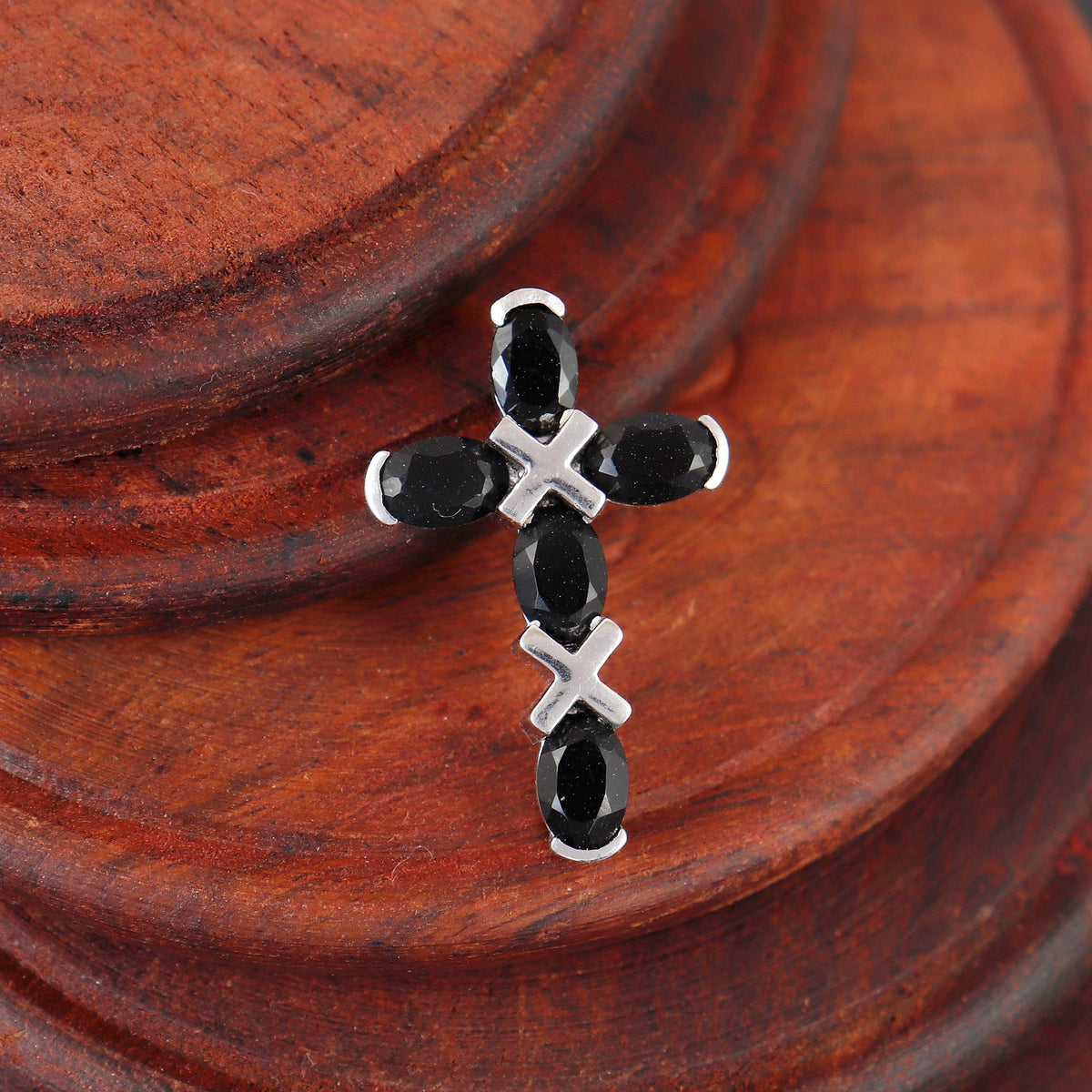 Black Onyx Silver Cross Pendant: Dainty Holy Cross Necklace