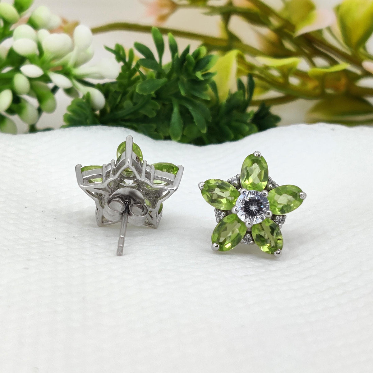 Peridot Flower Stud Earrings: August Birthstone, Sterling Silver