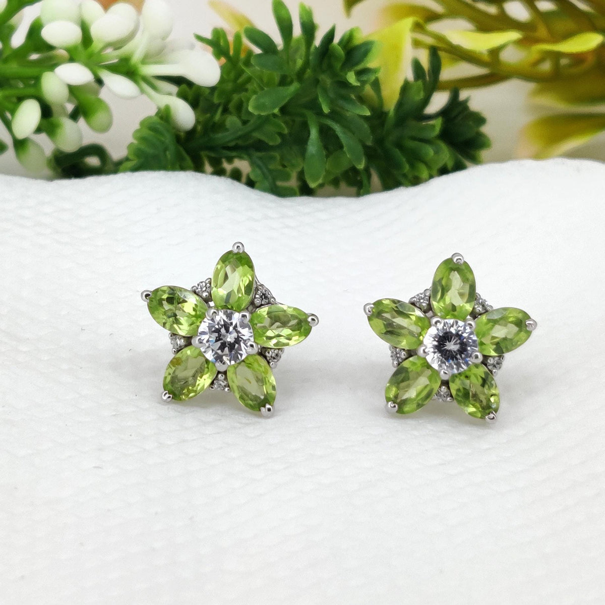 Peridot Flower Stud Earrings: August Birthstone, Sterling Silver