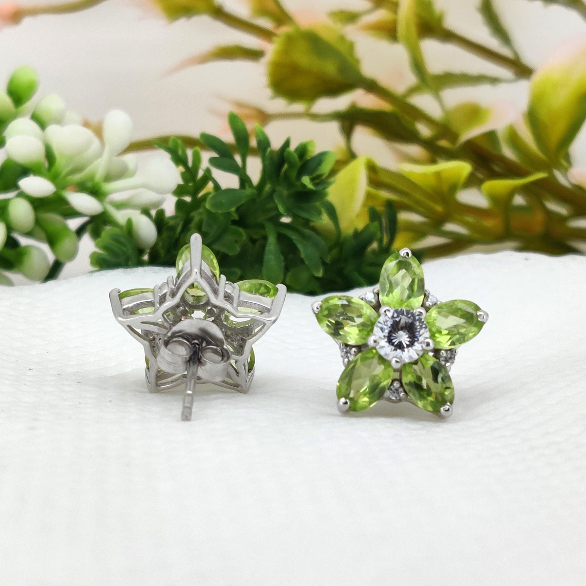 Peridot Flower Stud Earrings: August Birthstone, Sterling Silver