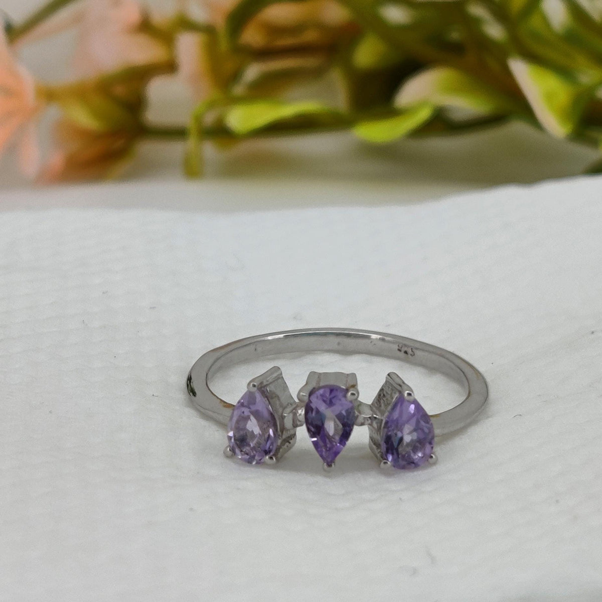 Natural Amethyst Ring: Pear Handmade 925 Sterling Silver February Birthday Gift