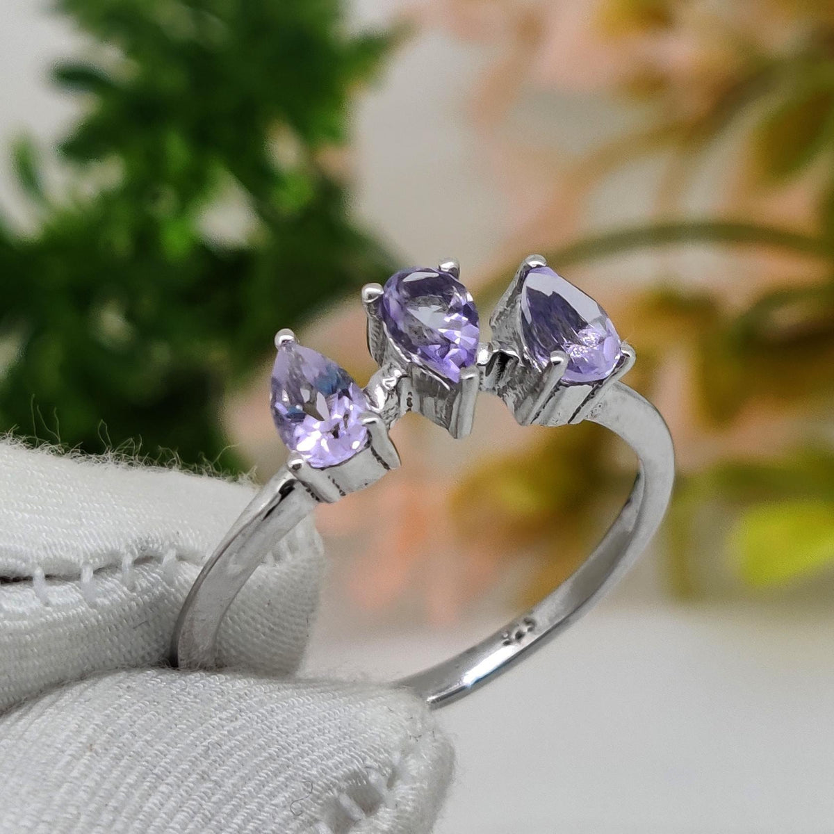 Natural Amethyst Ring: Pear Handmade 925 Sterling Silver February Birthday Gift