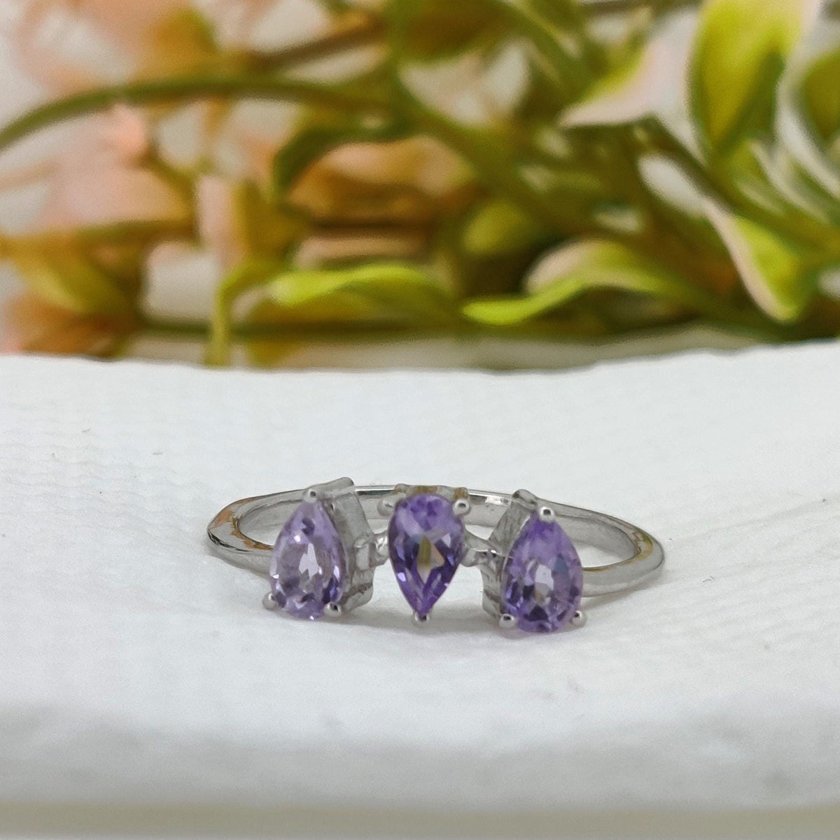 Natural Amethyst Ring: Pear Handmade 925 Sterling Silver February Birthday Gift