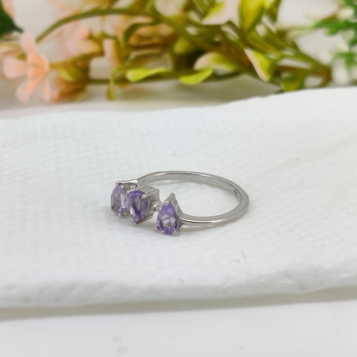 Natural Amethyst Ring: Pear Handmade 925 Sterling Silver February Birthday Gift