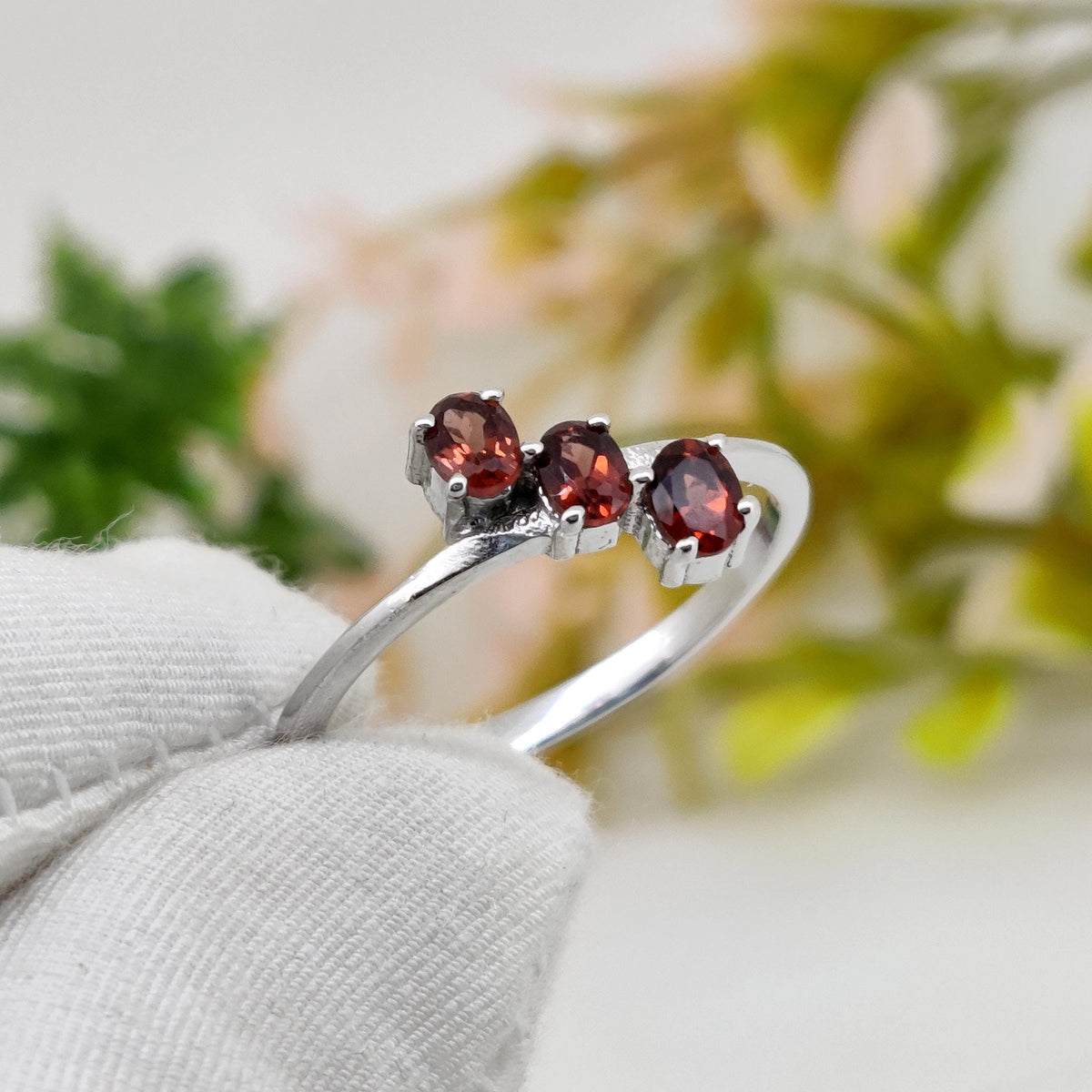 Garnet Sterling Silver Ring: Oval Gemstone Stacking Band Ring