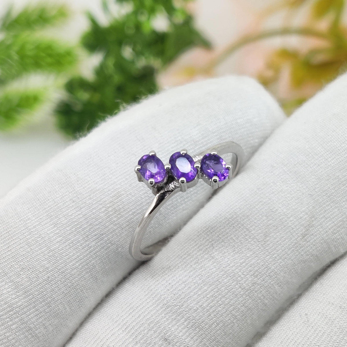 Amethyst Sterling Silver Ring: Oval Gemstone Stacking Band Jewelry