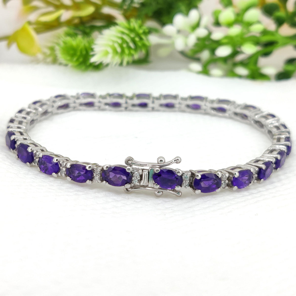 Oval Amethyst Tennis Bracelet, 925 Sterling Silver, February Birthstone Jewelry