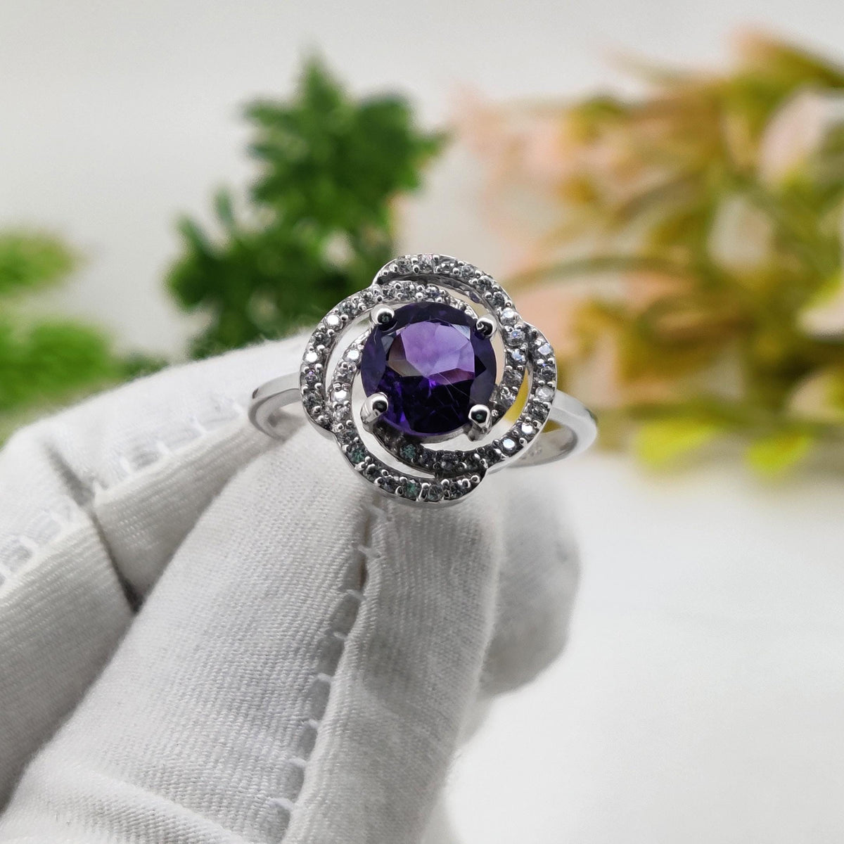 Amethyst Sterling Silver Ring: Handmade Purple Gemstone Round Ring