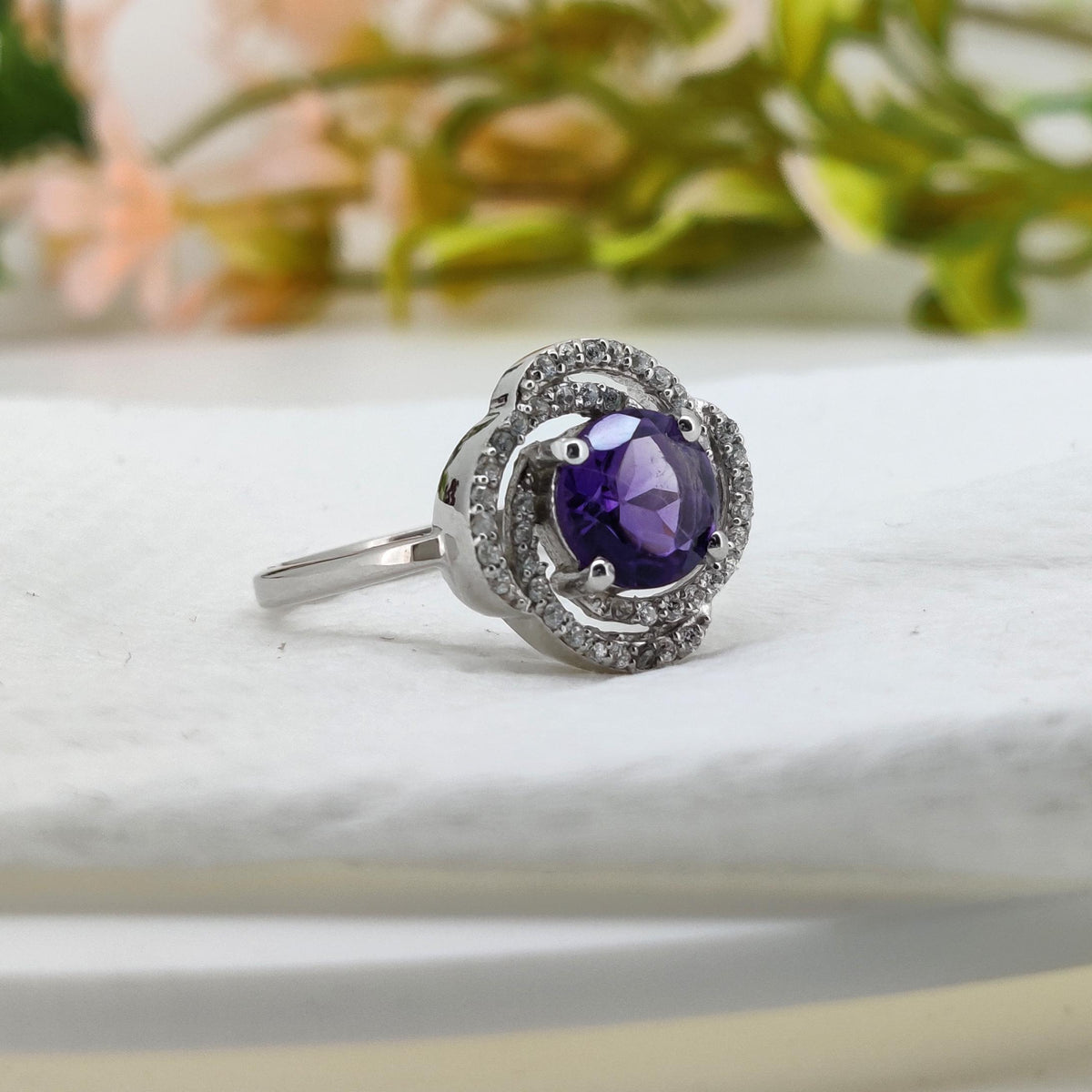 Amethyst Sterling Silver Ring: Handmade Purple Gemstone Round Ring