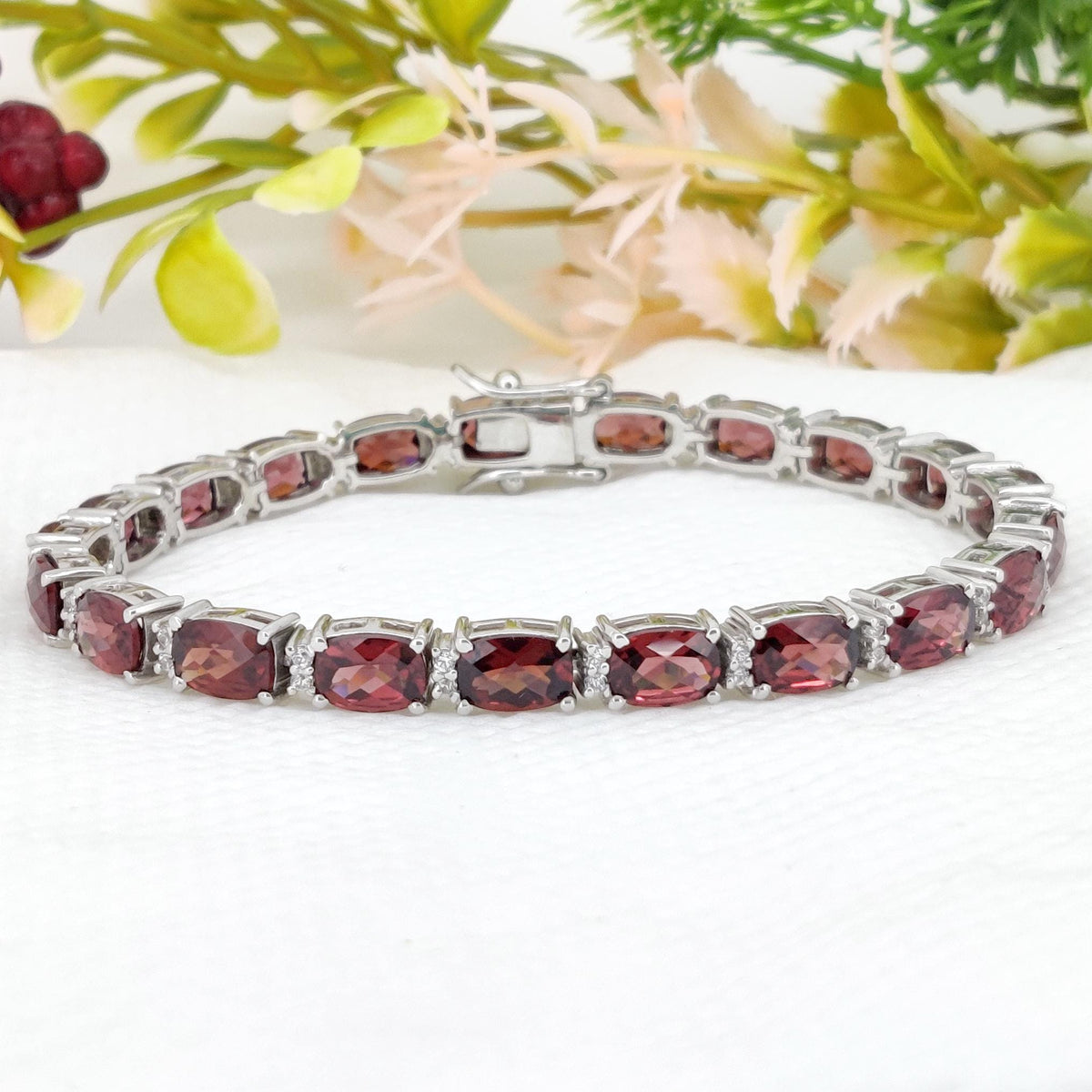 Garnet Tennis Bracelet, 925 Sterling Silver Cushion Cut Gemstone