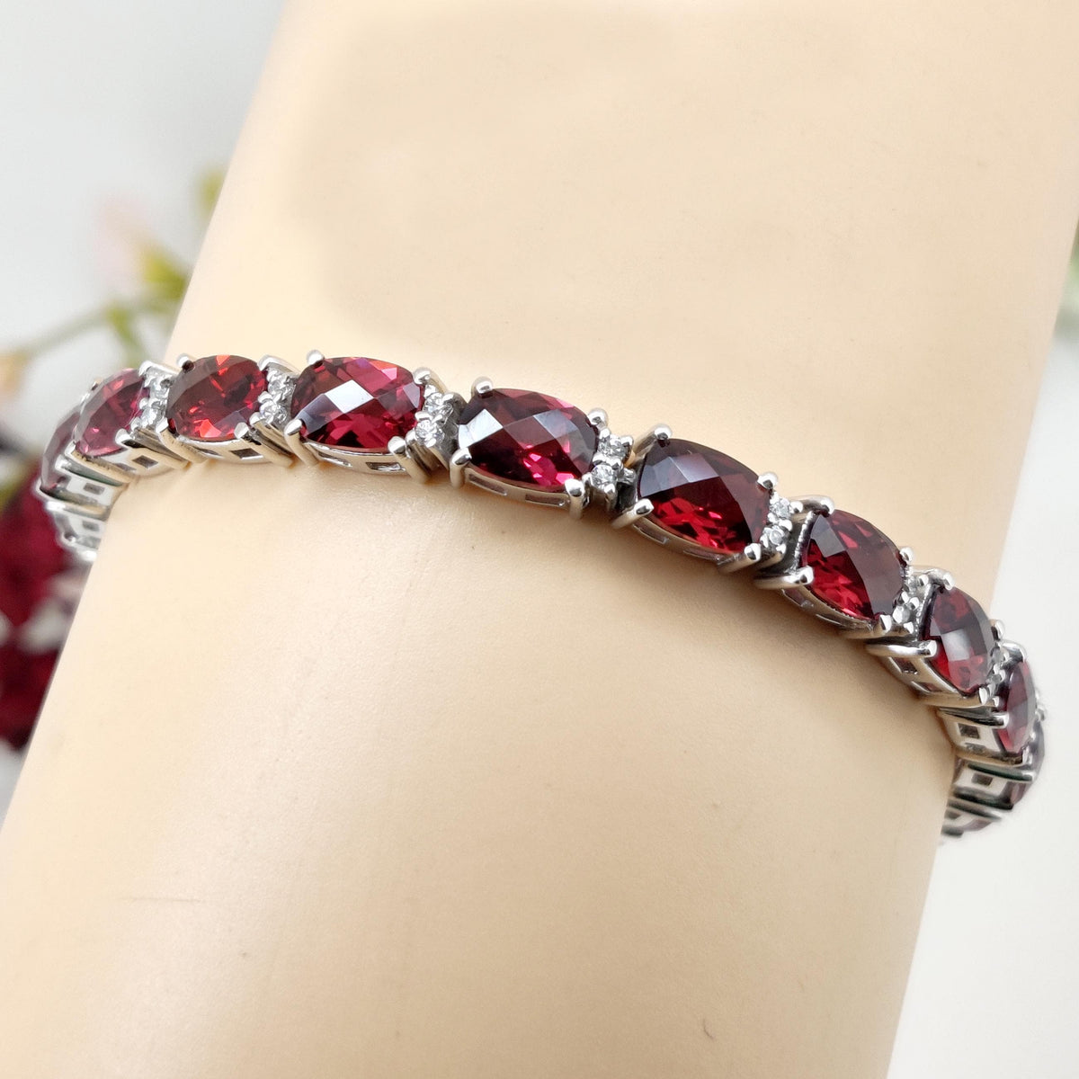 Garnet Tennis Bracelet, 925 Sterling Silver Cushion Cut Gemstone