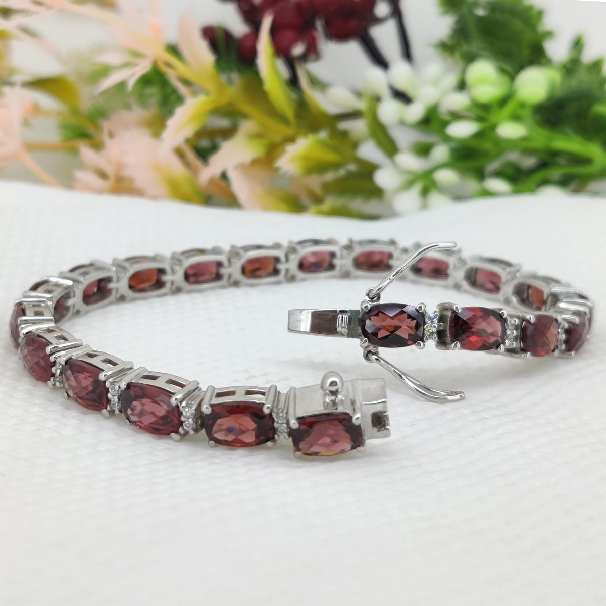 Garnet Tennis Bracelet, 925 Sterling Silver Cushion Cut Gemstone