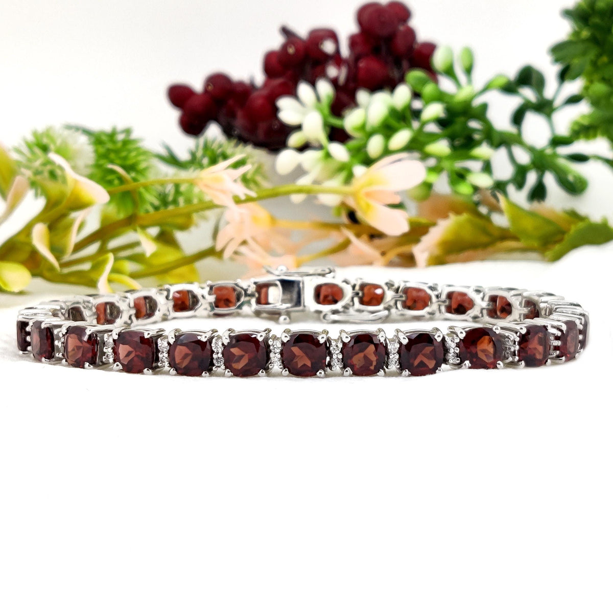 925 Sterling Silver, Natural Garnet Bracelet, Tennis Bracelet, January Birthstone, Gift For Girlfriend, Wife