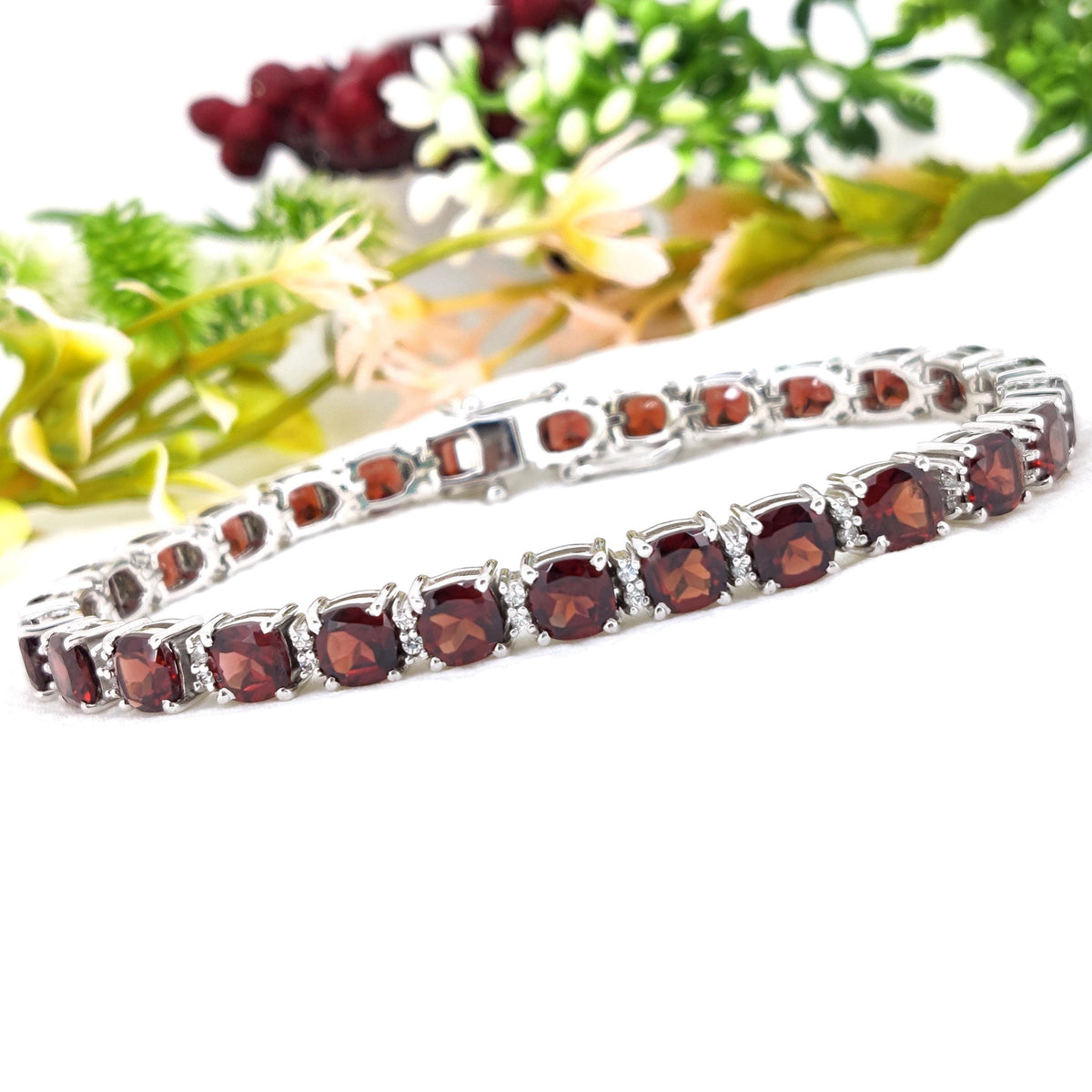 925 Sterling Silver, Natural Garnet Bracelet, Tennis Bracelet, January Birthstone, Gift For Girlfriend, Wife