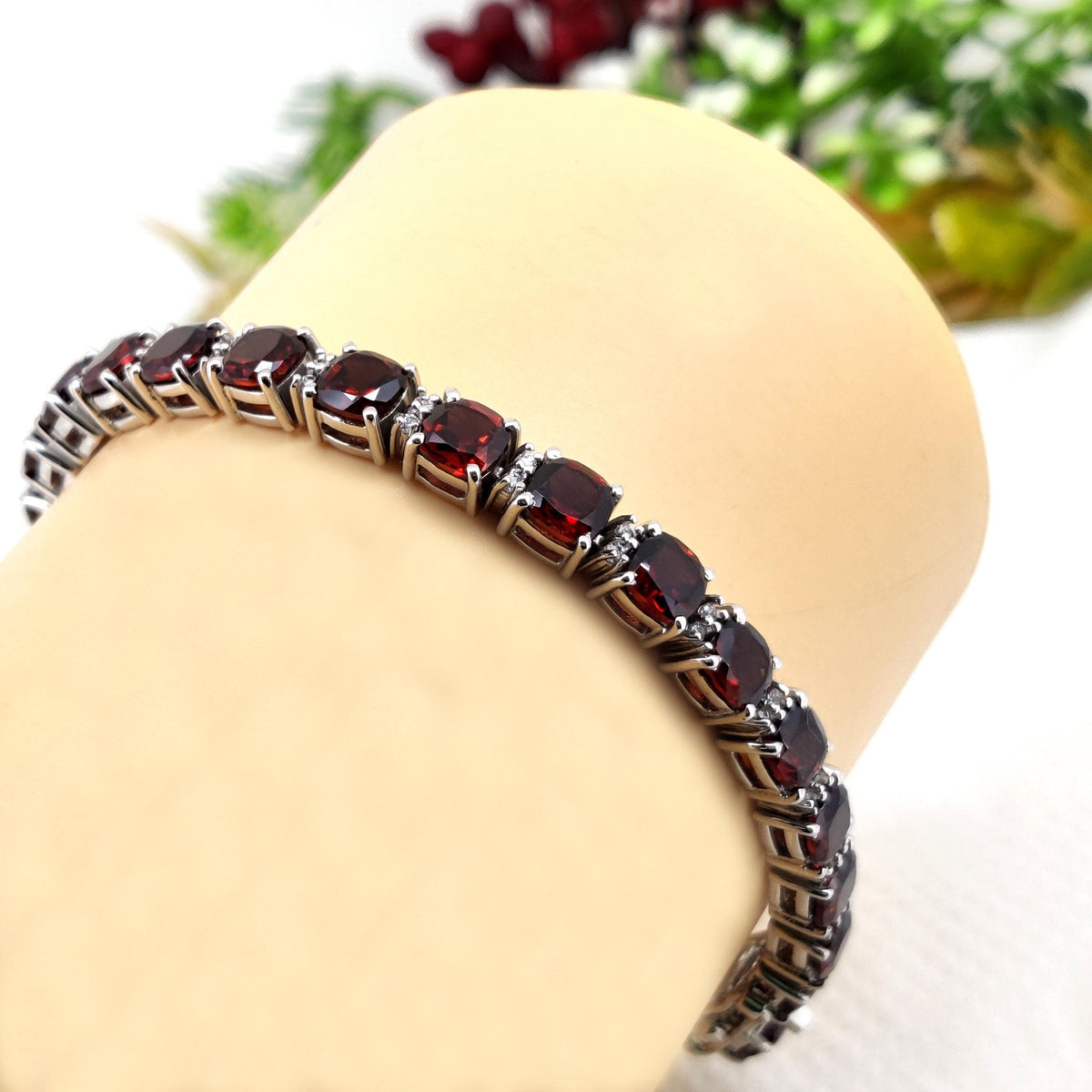 925 Sterling Silver, Natural Garnet Bracelet, Tennis Bracelet, January Birthstone, Gift For Girlfriend, Wife