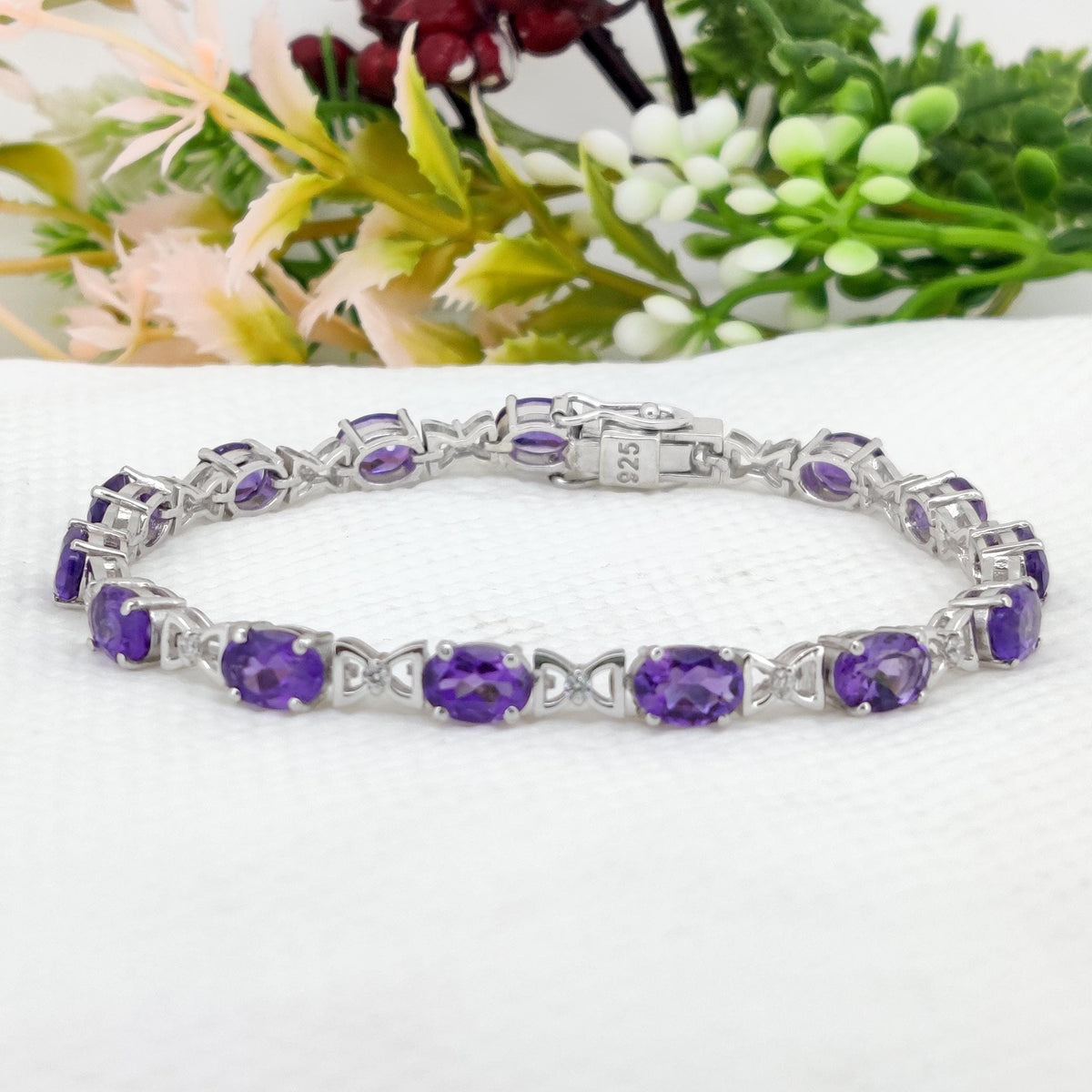 Natural Amethyst Tennis Bracelet-Sterling Silver-Oval Gemstone-February Birthstone
