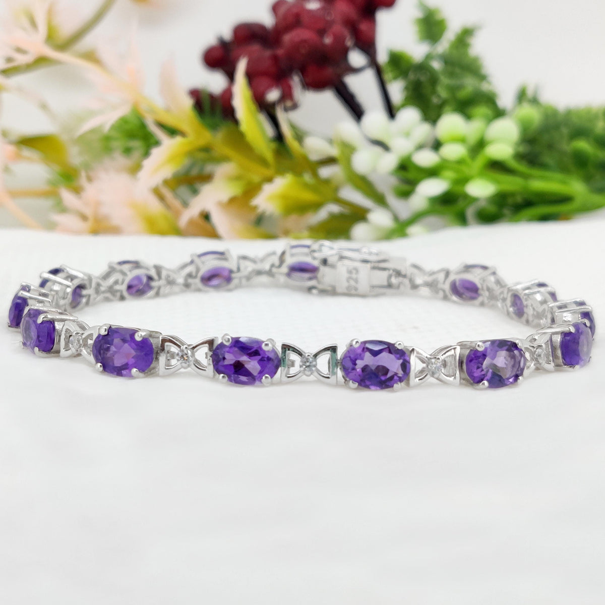 Natural Amethyst Tennis Bracelet-Sterling Silver-Oval Gemstone-February Birthstone