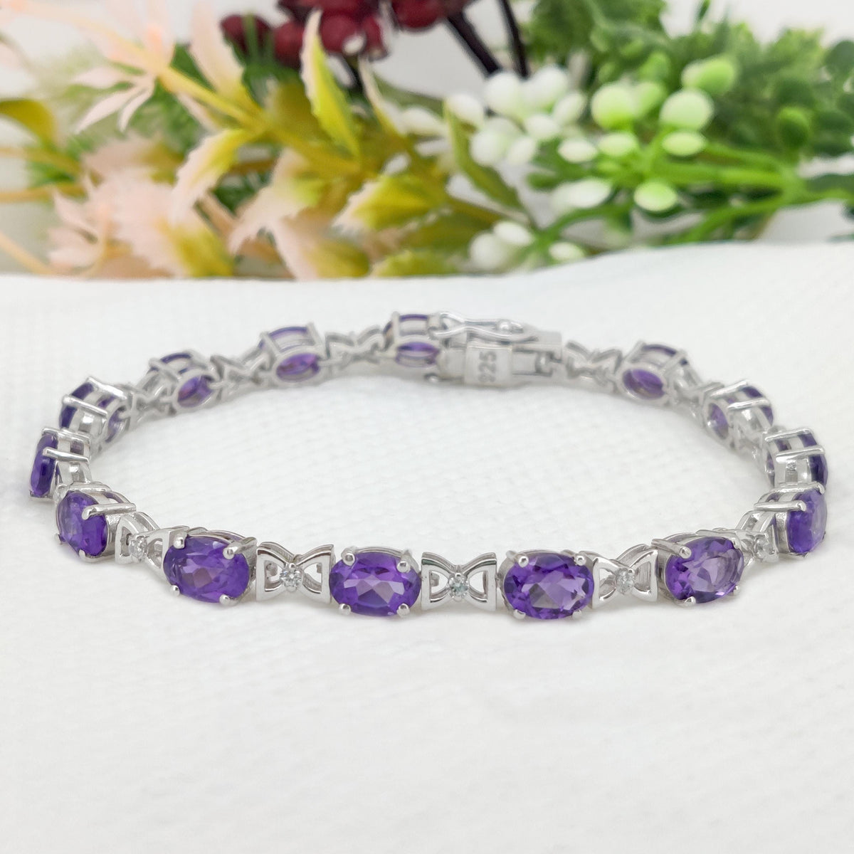 Natural Amethyst Tennis Bracelet-Sterling Silver-Oval Gemstone-February Birthstone