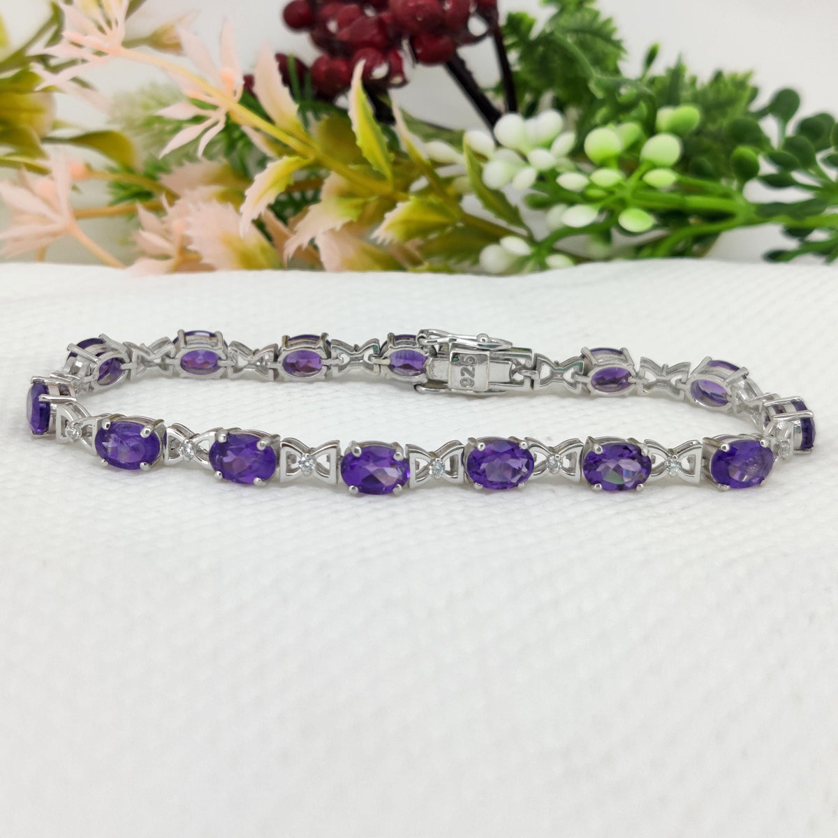 Natural Amethyst Tennis Bracelet-Sterling Silver-Oval Gemstone-February Birthstone